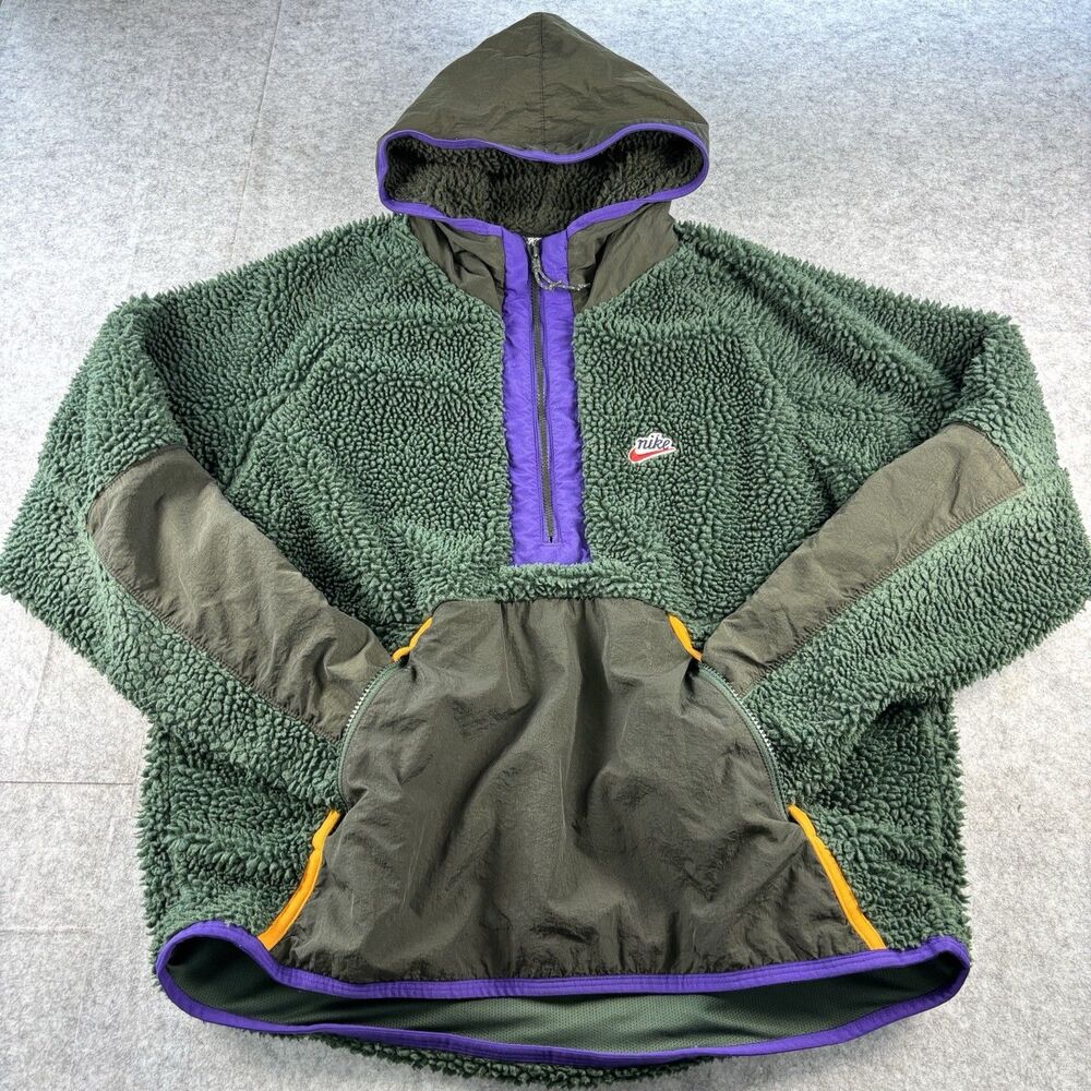 Nike Sportswear Sherpa Fleece 1/2 Half-Zip Hoodie Sweatshirt Green Purple Large